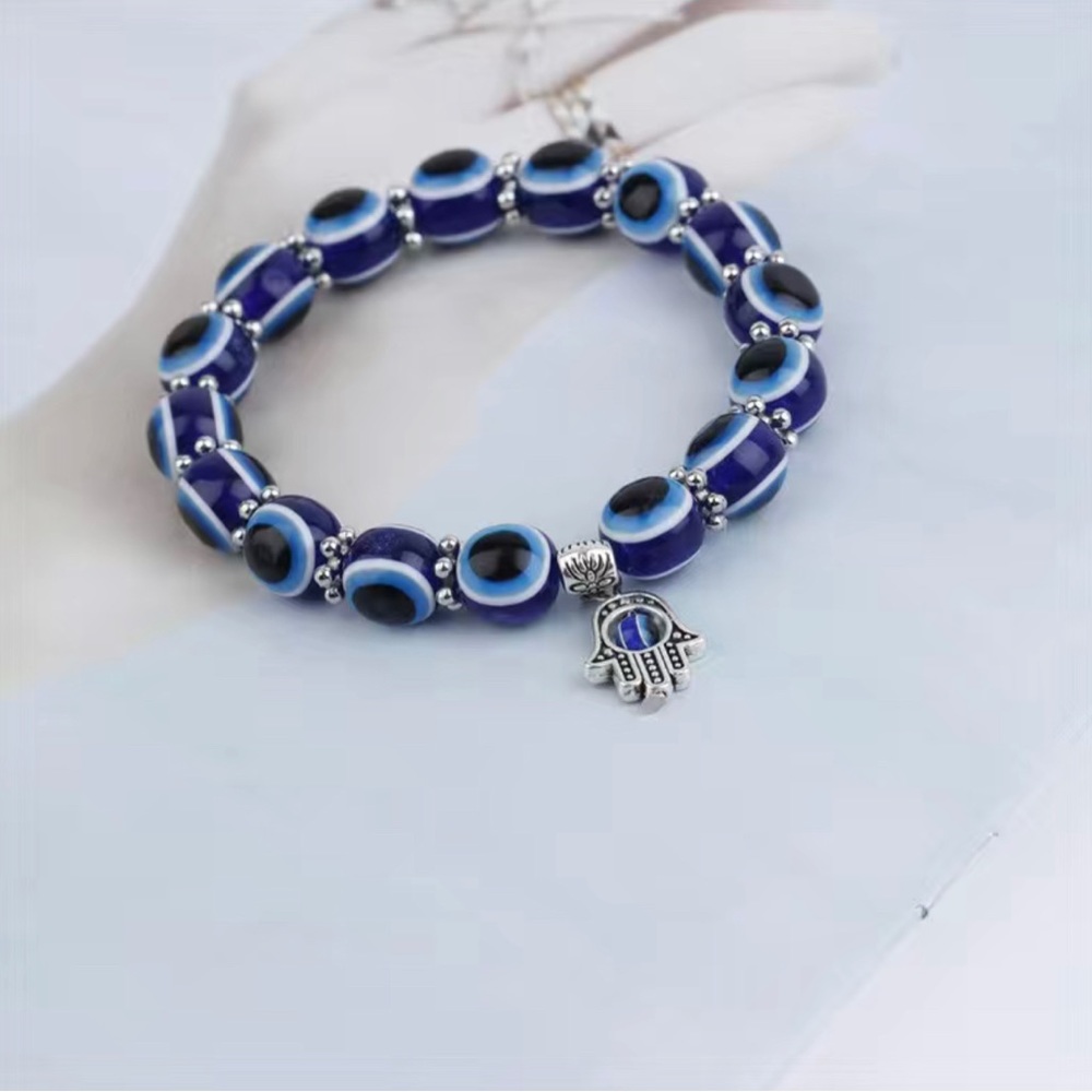 Blue Beaded Evil Eye Stretch Charm Bracelet - Picture 6 of 7